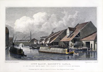 City Basin, Regents Canal, graviert von F.J. Havell, 1827